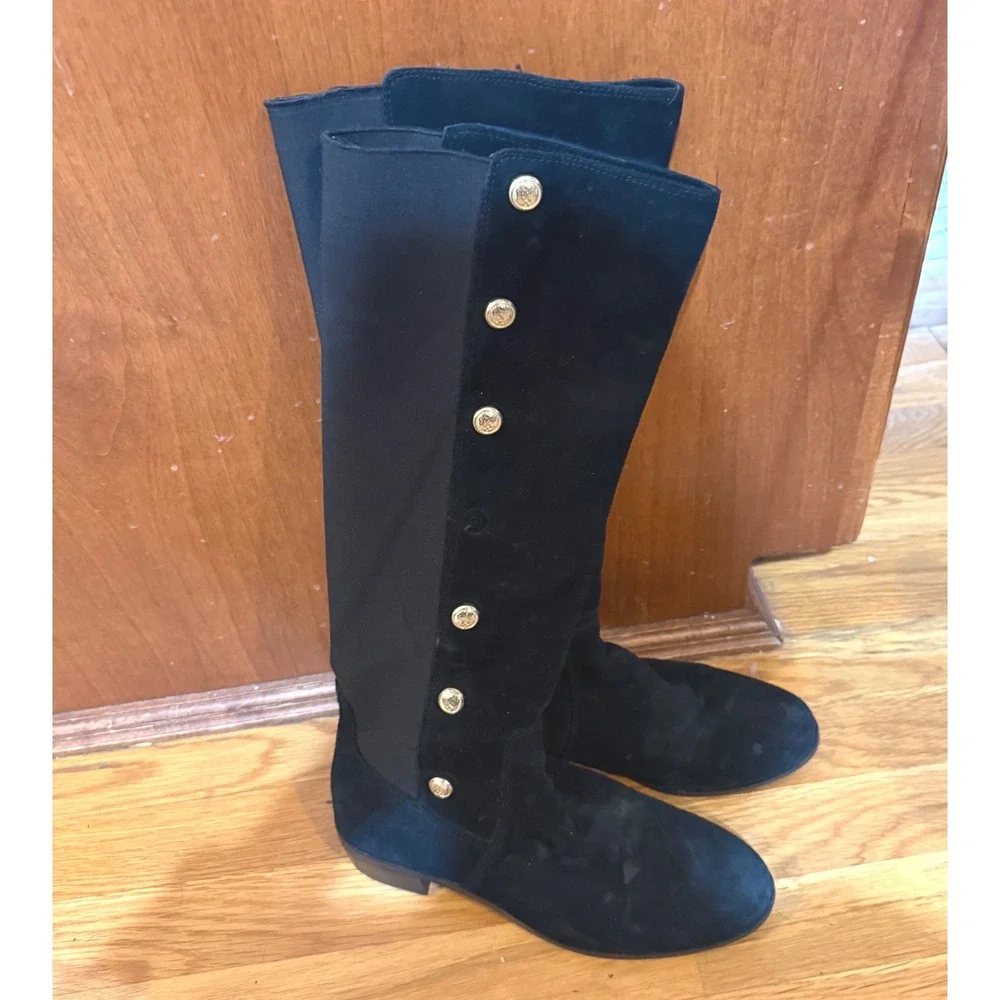 Vince Camuto Vacilla Black Suede Tall‎ Boots Gold Button Detail 7.5M 37.5